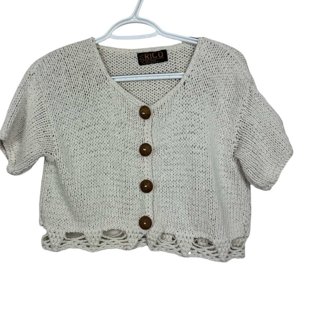 Rico Vintage Cream Crochet Knit Button Front Crop Cardigan Sweater M?